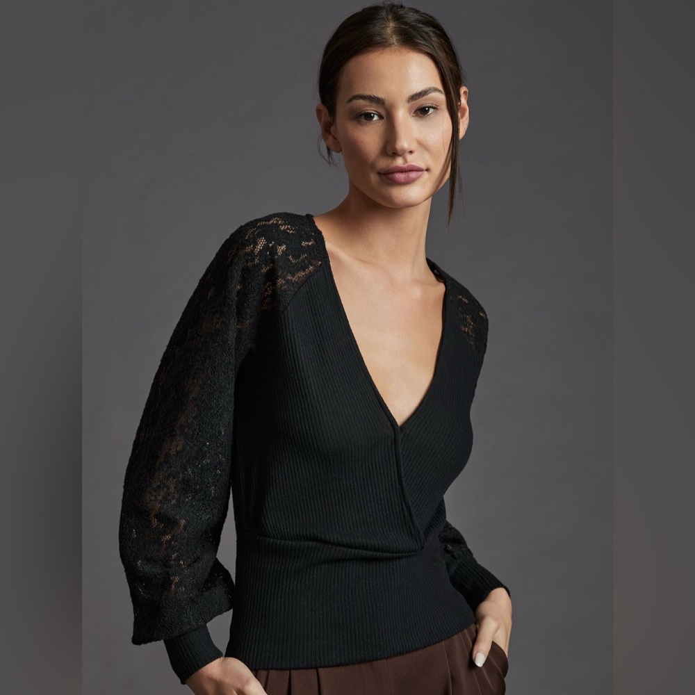 Anthropologie Lace-Sleeve Sweater Top, Black, size: 1X